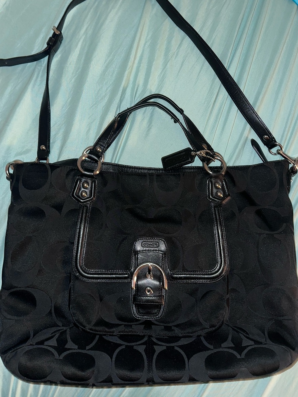 Coach Black Signature Shoulder Tote with Leather Trim
